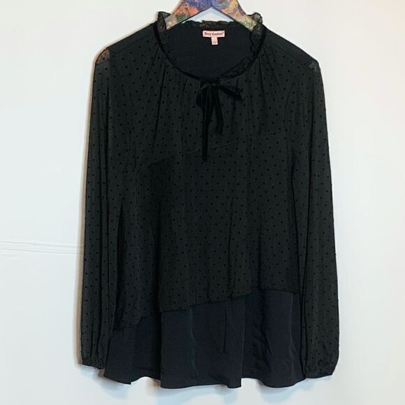 𝅺Juicy Couture Overlay Layered Top Womens Size Large Swiss Dot Black - Picture 2 of 7